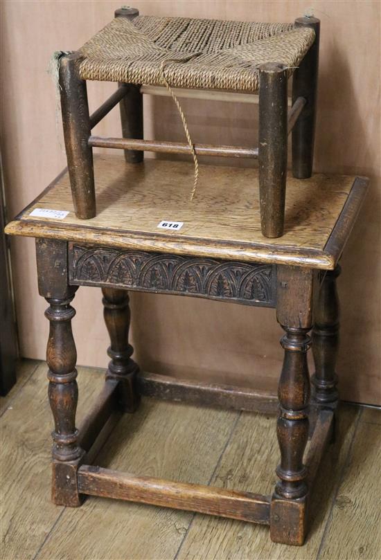 An oak joint stool and a small caned stool, W.46cm